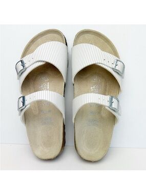 Birkenstock Birki's Aziza Stripe White Beige Sand Birko-Flor Sandal EU 37 US 6